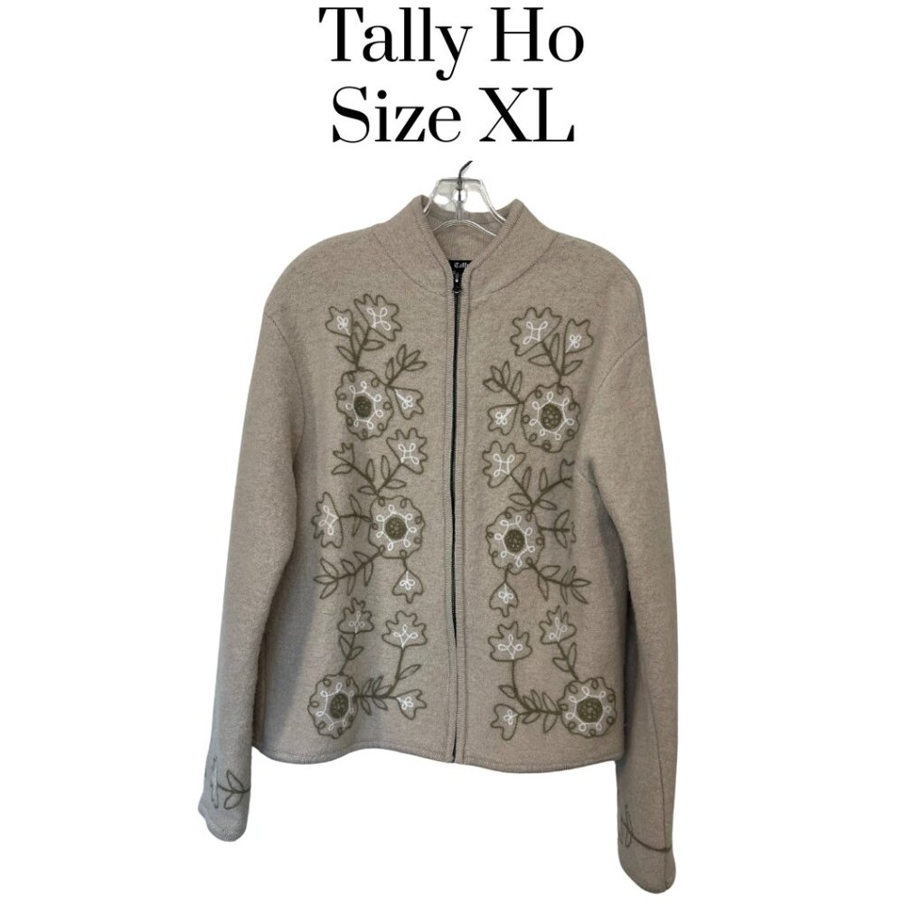 Tally Ho 100% wool embroidered floral zip-up cardigan, women’s XL cottagecore